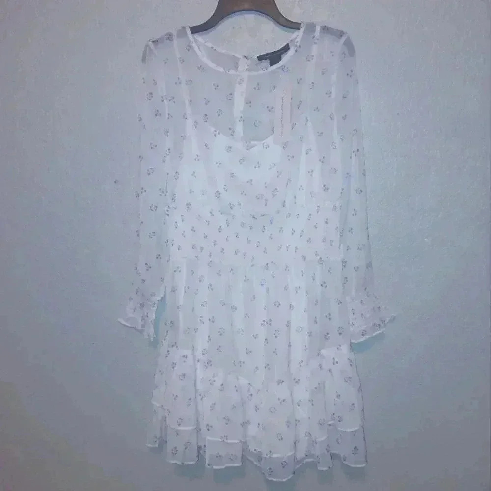 French Connection Cecilia Hallie Recycled Polyester Crinkle Ruffle Mini Dress L - Picture 4 of 13